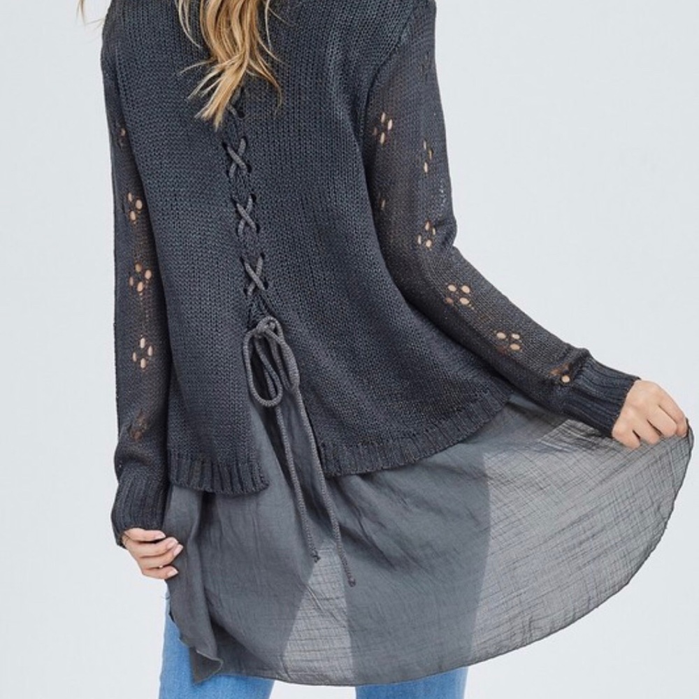 Charcoal Hi/Lo Boho Back Laced Sweater with Tunic - Picture 7 of 8